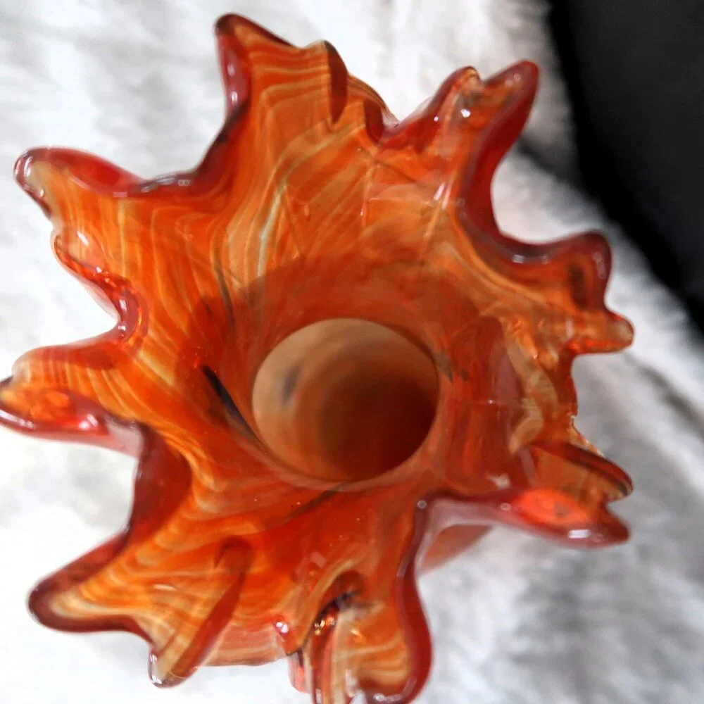Vintage Hand Blown Orange Crackle Glass Ruffled Vase 9In Eye Catcher Home Decor